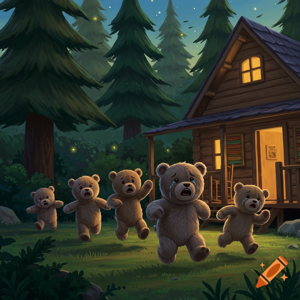 Cartoon teddy bears run crying from a lighted cabin in a dark forest at night.