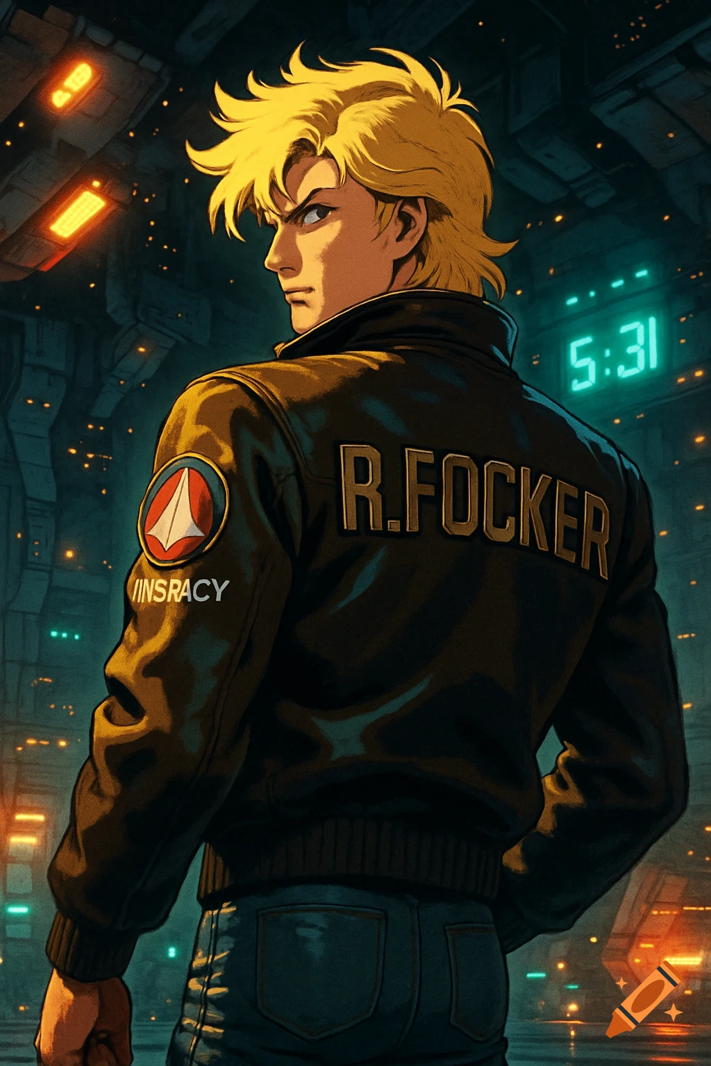 An anime-style image of Roy Focker from Macross, with blond hair, wearing a black bomber jacket with 'R. FOCKER' on the back, looking over his shoulder in a futuristic, dark setting with glowing lights.