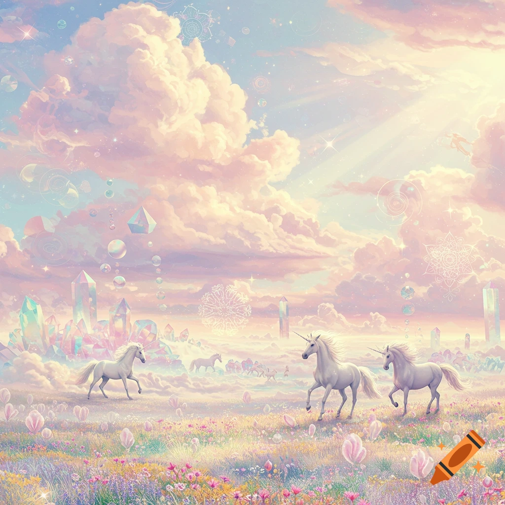 Dreamy pastel fantasy landscape with white unicorns running through a field of flowers, under fluffy clouds, with glowing crystals.