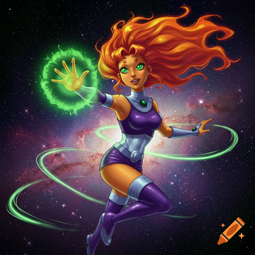 Vibrant comic art of Starfire with flowing red hair, in a purple costume, extending a glowing green hand in space.