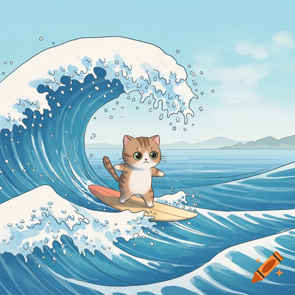 A cute tabby cat with big eyes surfs a large blue wave in a cartoon Japanese art style, with mountains in the background.