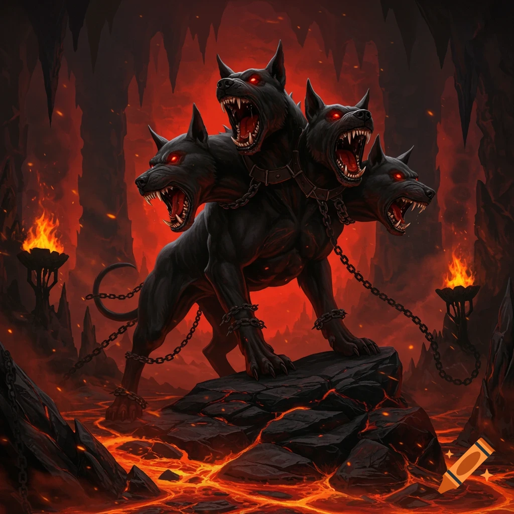 A fierce three-headed black dog (Cerberus) with glowing red eyes stands on volcanic rocks surrounded by lava and fire in a dark, red-lit cavern.