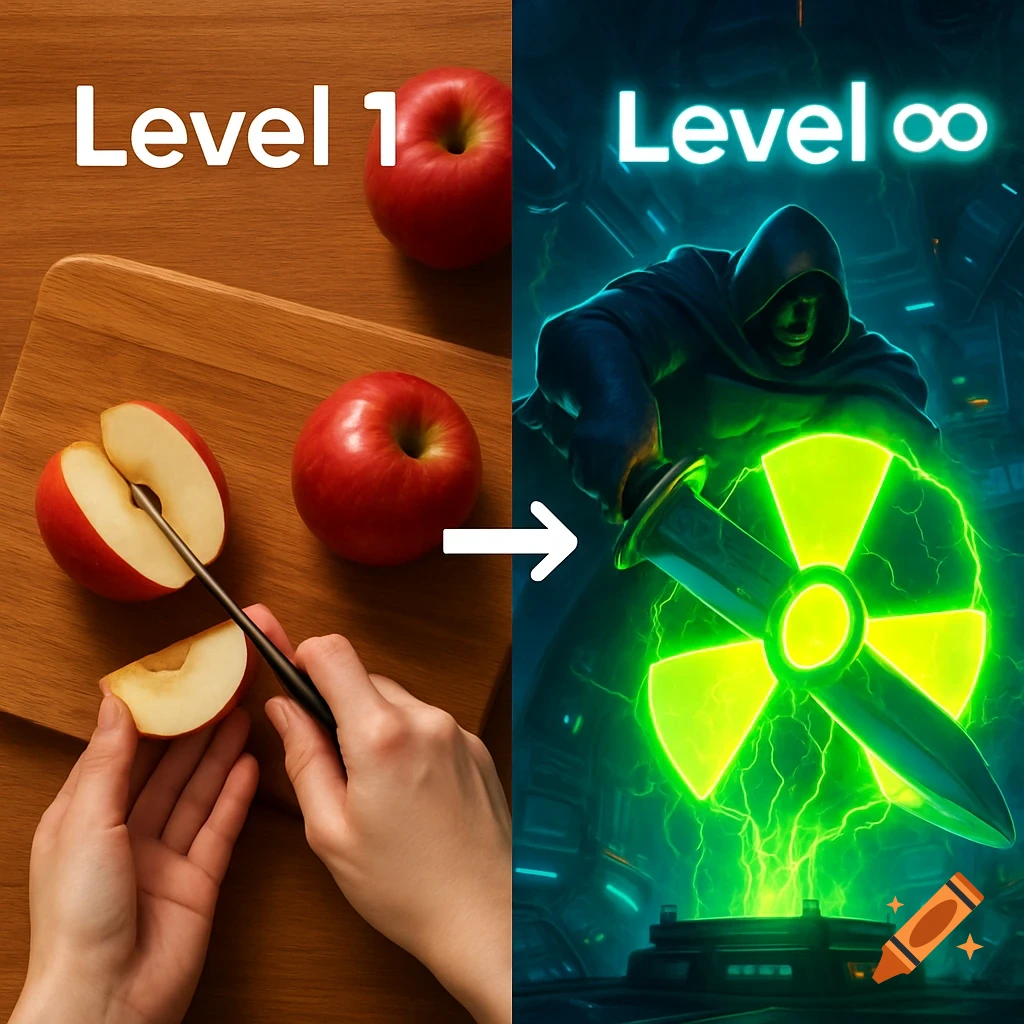 Two-panel image: Left, hands cut an apple with 'Level 1' text. Right, a cloaked figure wields a glowing nuclear sword with 'Level "infinity"' text.