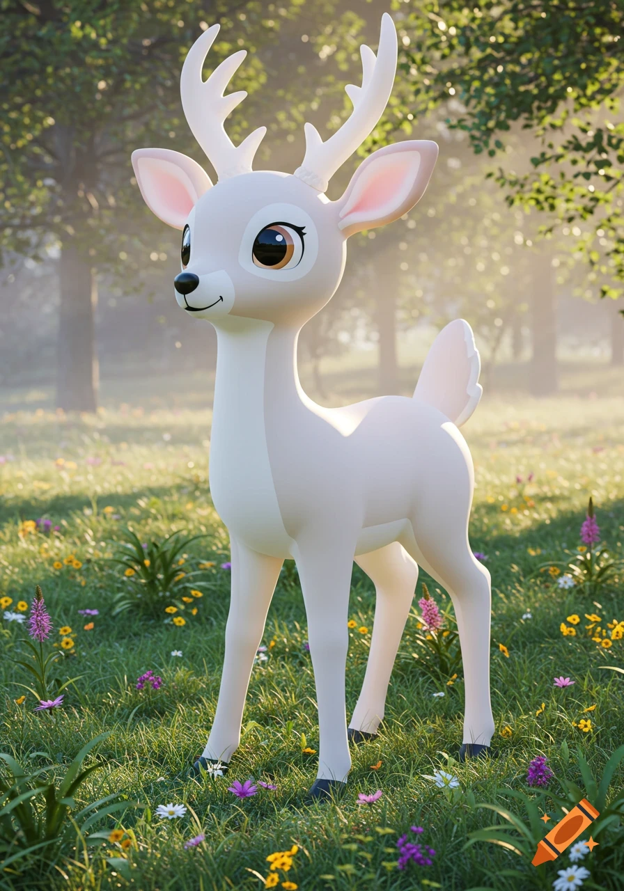 A cute, cartoon-style light-colored deer with white antlers stands in a sunny, wildflower-filled forest clearing.