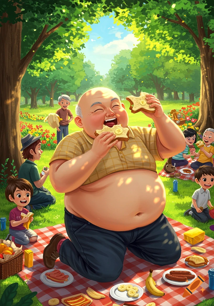 A cheerful bald elderly man heartily eats a banana sandwich at a vibrant, cartoonish picnic in a green park with friends and family.