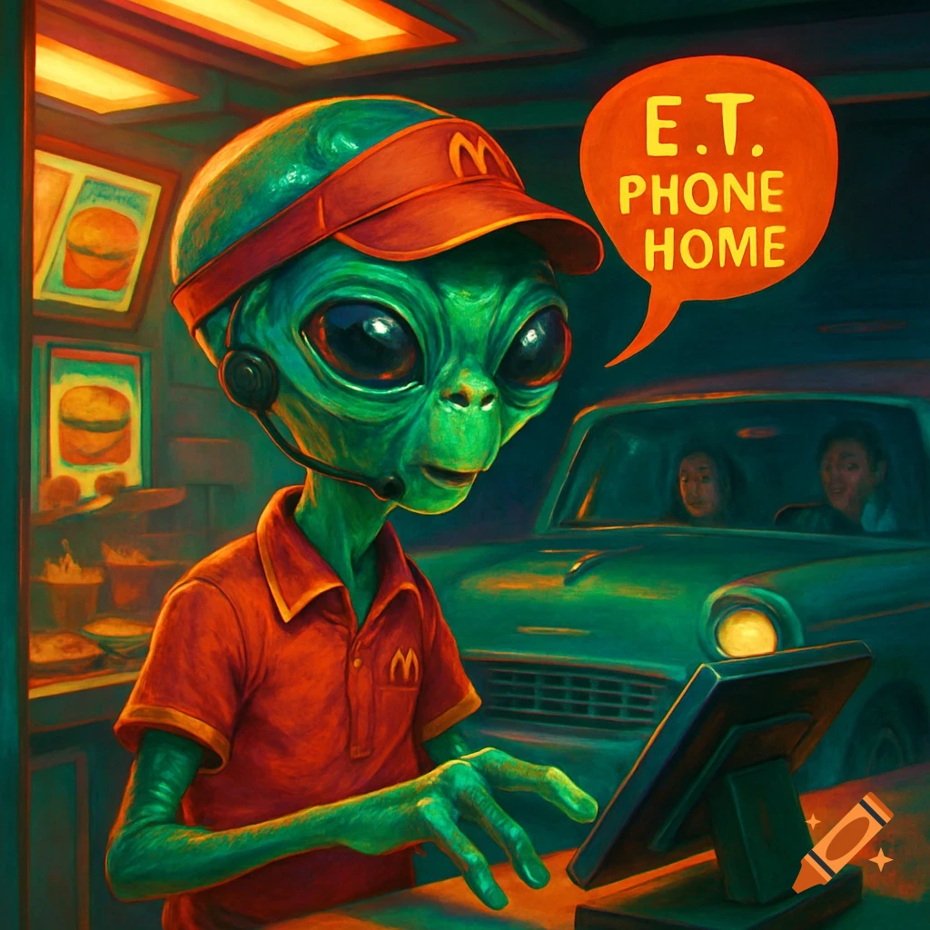 An alien resembling E.T. in a McDonald's visor and uniform works at a drive-thru, saying 'E.T. PHONE HOME'.