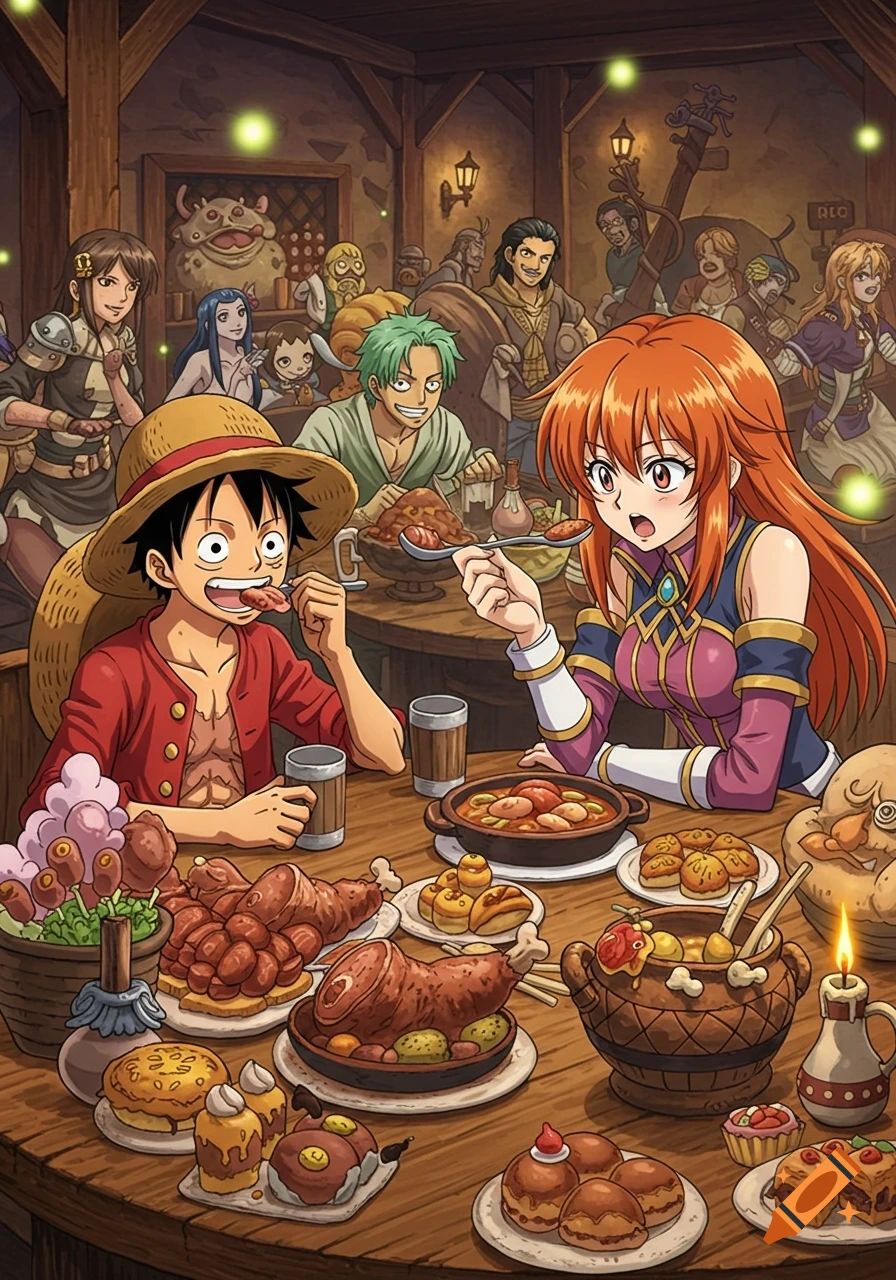Anime characters Luffy and Lina Inverse feast at a crowded tavern table with many dishes and other patrons.