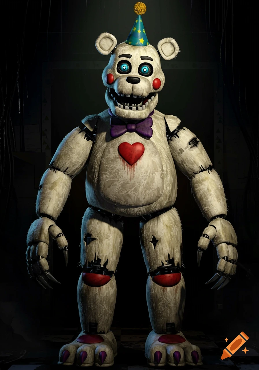 A creepy, worn animatronic polar bear with glowing blue eyes, sharp claws, a purple bow tie, a bloody heart on its chest, and a party hat, standing in a dark room.