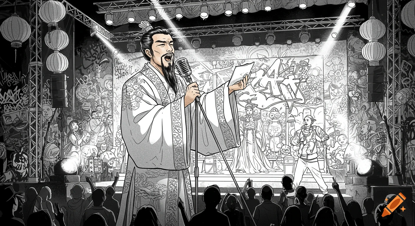 Black and white line art illustration of the ancient Chinese poet Li Bai singing into a microphone on a stage in front of a modern audience, with graffiti-style background art.