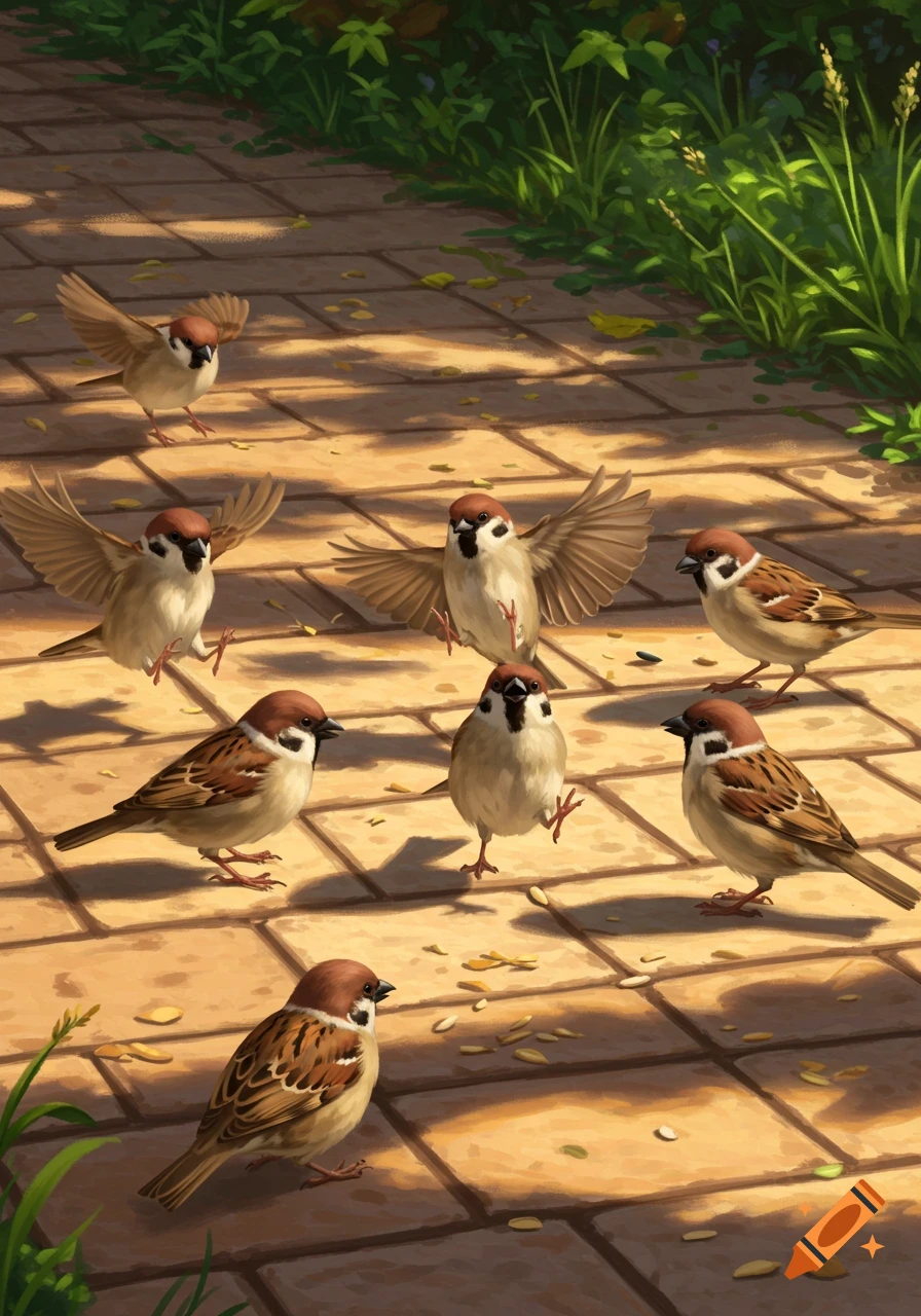 A group of sparrows on a sunlit paved garden path with green foliage, depicted in an illustrative style.