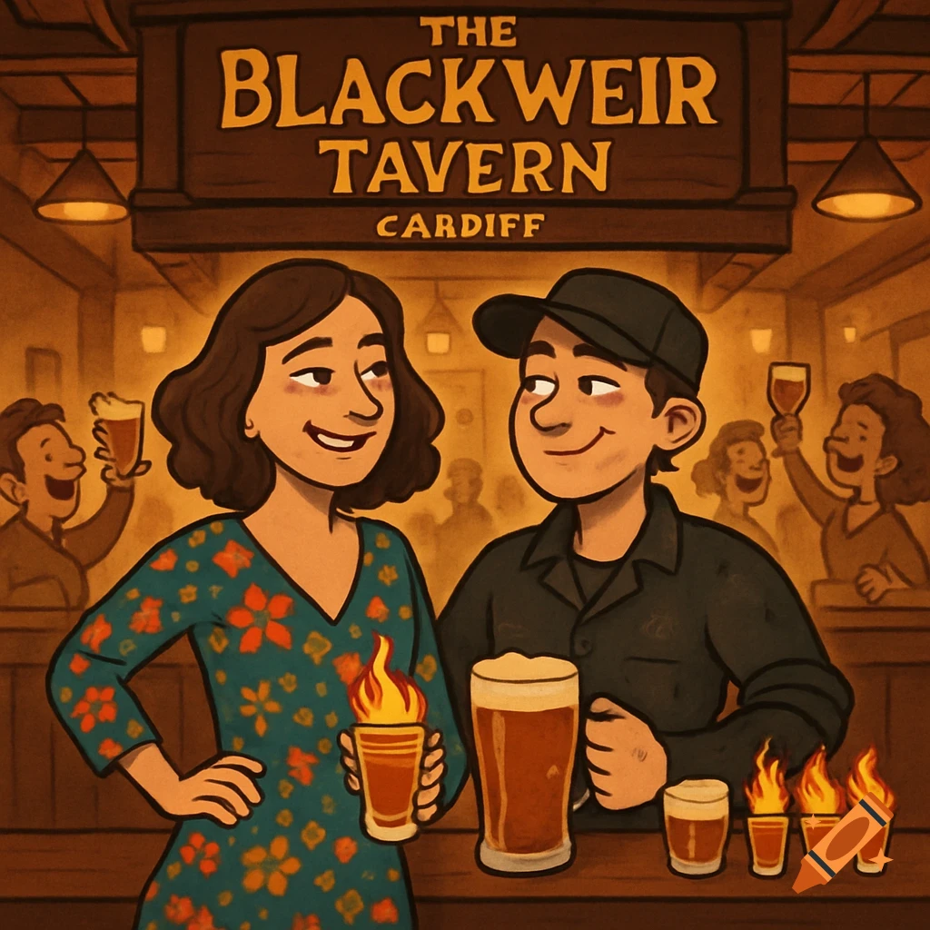 A cartoon couple drinks at The Blackweir Tavern bar. The woman in a floral dress holds a fiery shot, the man holds a pint, with more shots on the bar.