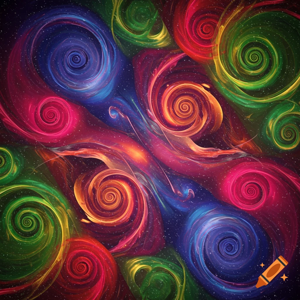 Vibrant, colorful abstract pattern of glowing swirls and fractal shapes against a dark, starry background.