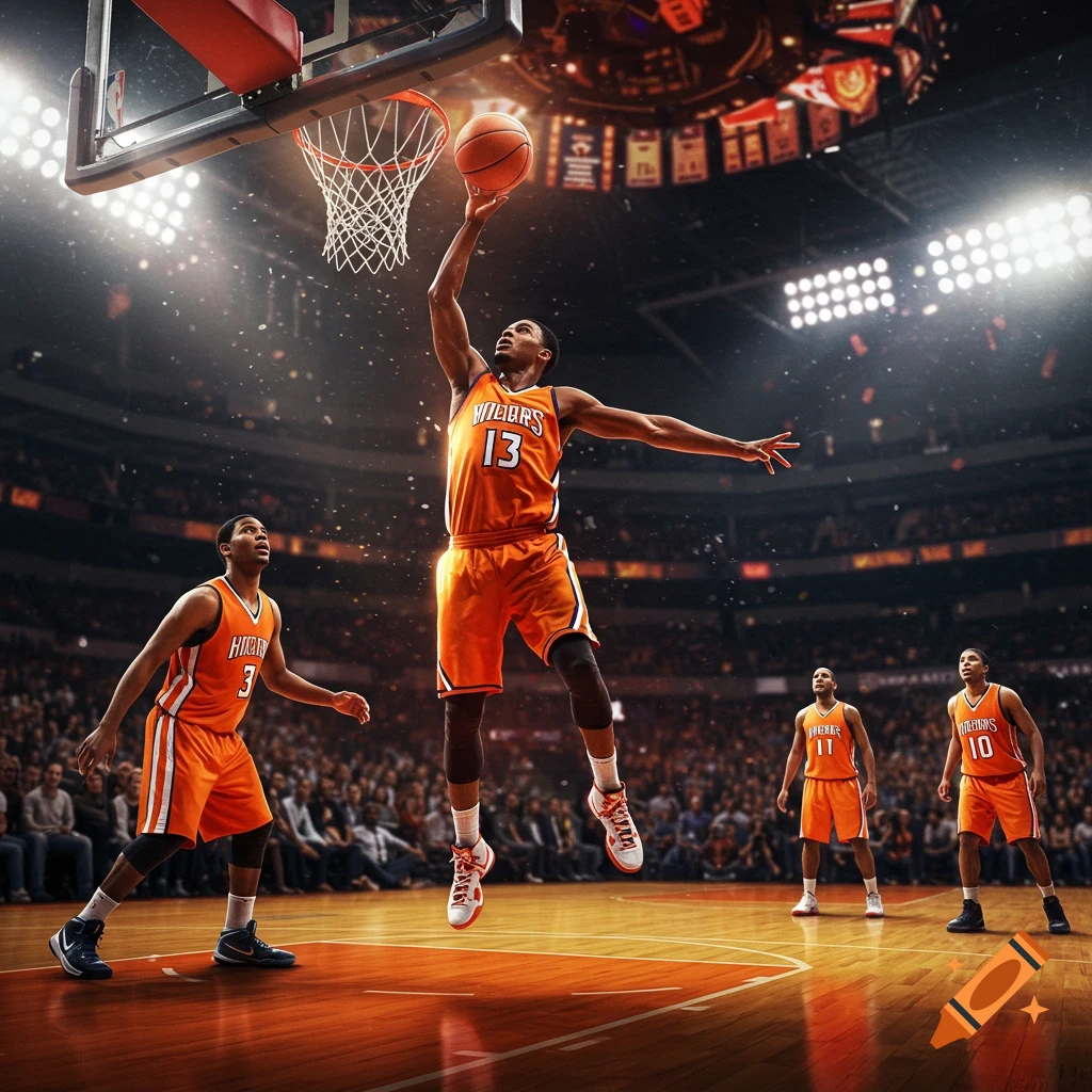 Photorealistic image of basketball players in a stadium, one jumping for a dunk while others stand nearby.