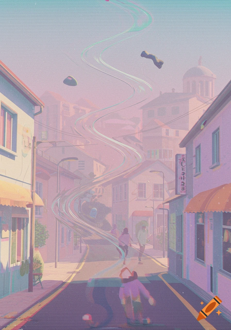 A pastel vaporwave street scene with distorted wavy lines, scanlines, and blurred figures walking between stylized buildings.