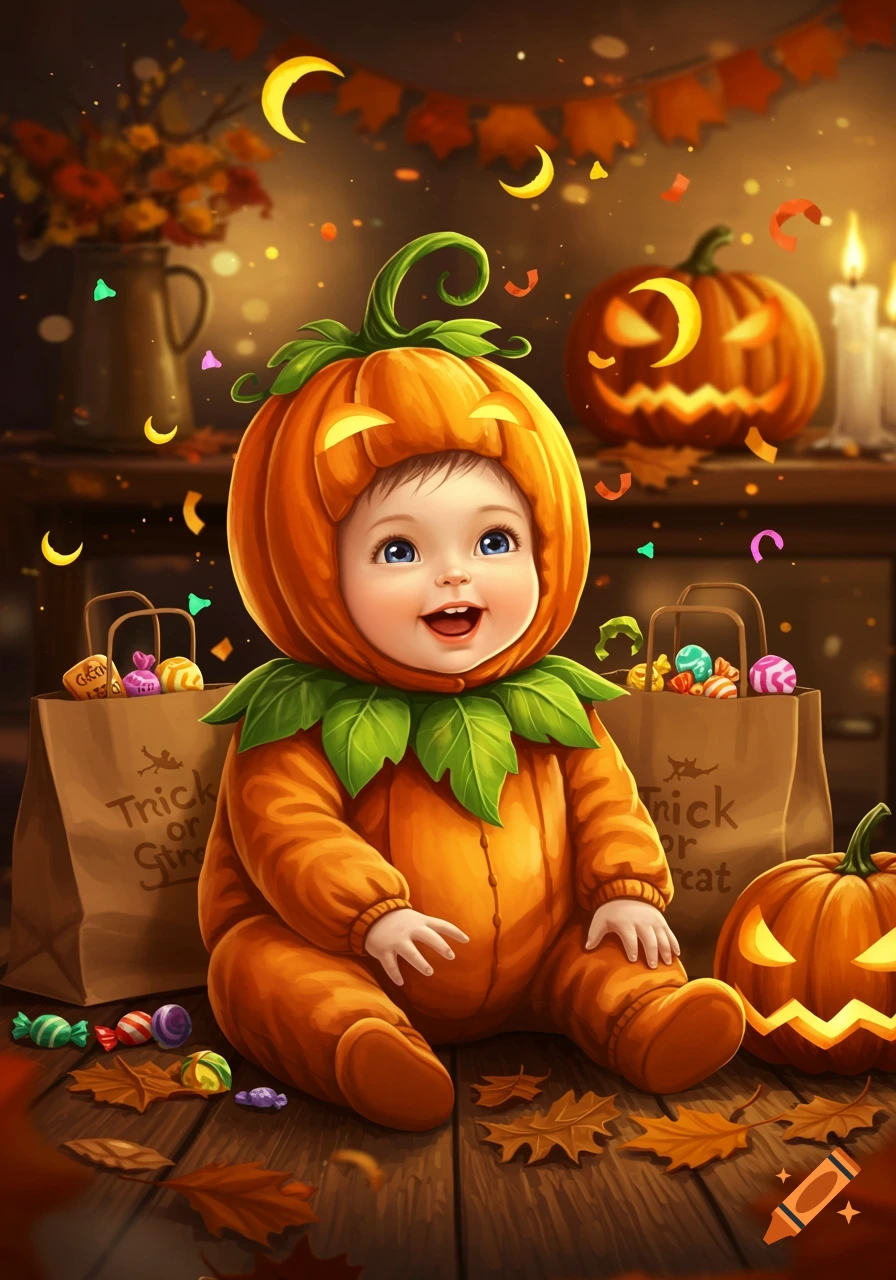 A happy baby dressed in a pumpkin costume sits among Halloween decorations, candy bags, and glowing pumpkins.