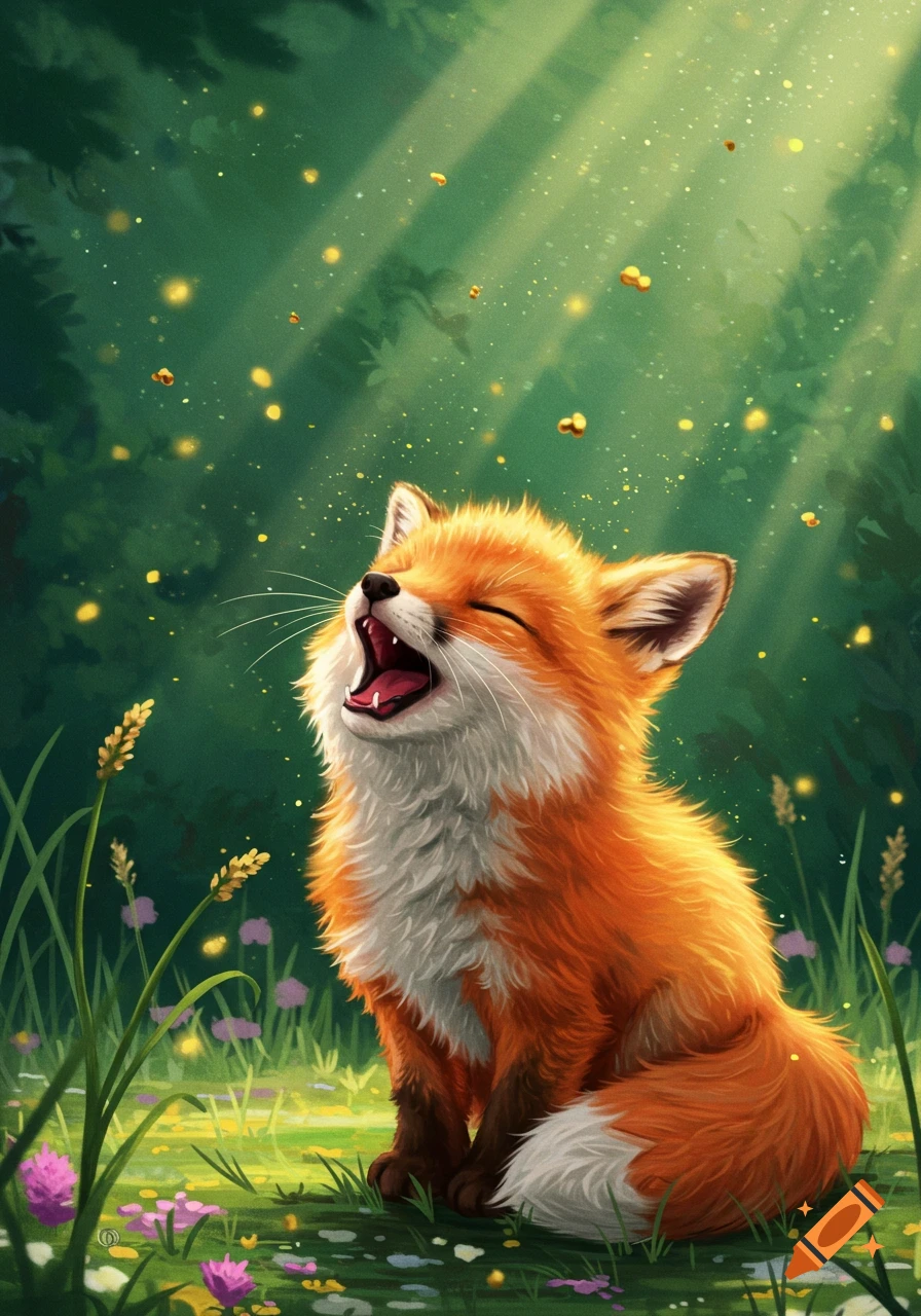 A cute, orange and white cartoon fox sits in a magical forest, singing with its mouth open, surrounded by glowing particles. Sunlight streams through the trees.