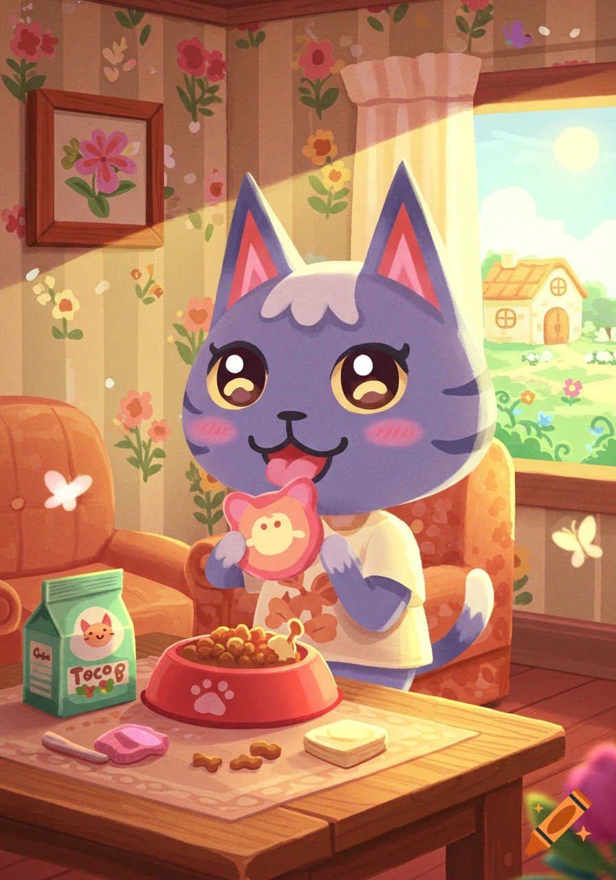 Animal Crossing-style cat character with big eyes sits in a cozy room, holding a treat, with a bowl of food on a table.
