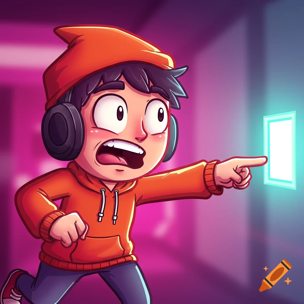 Cartoon character in orange hoodie and headphones, looking surprised and pointing at a glowing exit door in a pink-lit hallway.