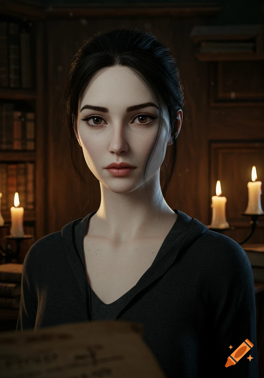A photorealistic portrait of a young woman with dark hair and brown eyes, wearing a dark top, in a dimly lit library with candles.