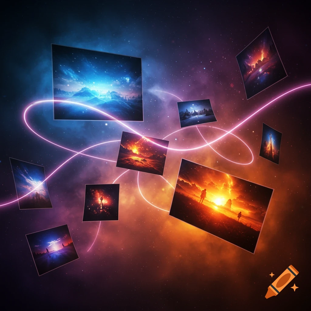 Multiple glowing picture frames displaying diverse landscape scenes floating in a cosmic space with swirling light trails.