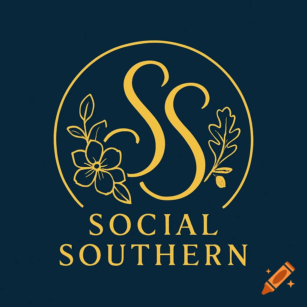 A gold logo with intertwined "SS" letters and floral and oak leaf motifs inside a circle, with "SOCIAL SOUTHERN" text below, on a dark blue background.