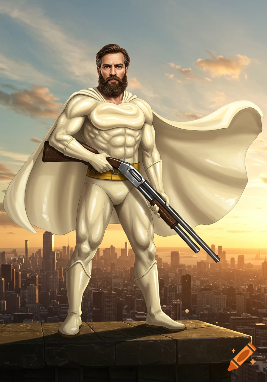 A bearded man in a white superhero costume and cape stands on a rooftop, holding a shotgun, with a cityscape at sunset behind him.