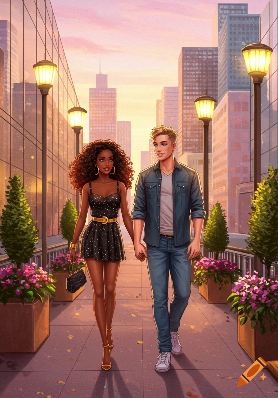 A cartoon illustration of a dark-skinned woman and a fair-skinned man walking hand-in-hand down a city street at sunset.