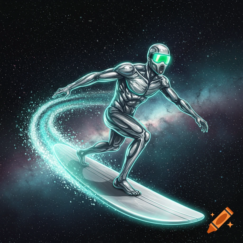 Silver futuristic figure in a green-visored helmet surfs on a glowing board through a starry galaxy, leaving a blue light trail.