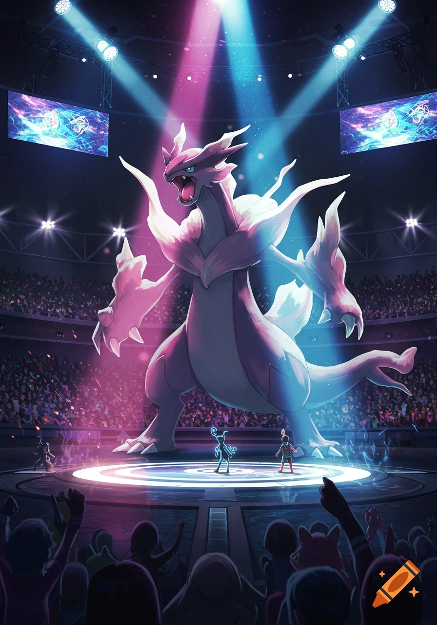 A large white and purple creature, like a Mega Pokemon, stands in a brightly lit arena with two small trainers and a crowd.