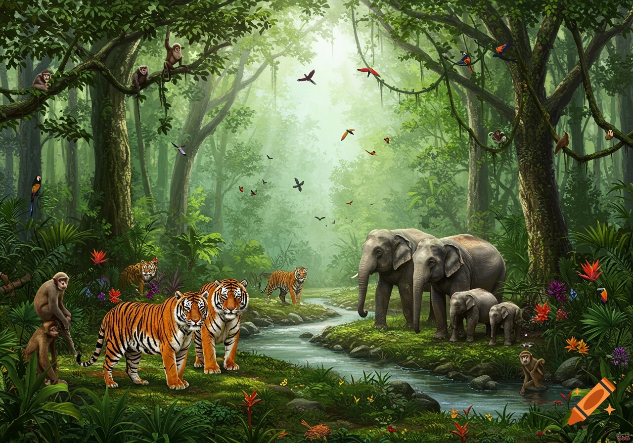 Vibrant jungle illustration with tigers, elephants, monkeys, and birds by a river.