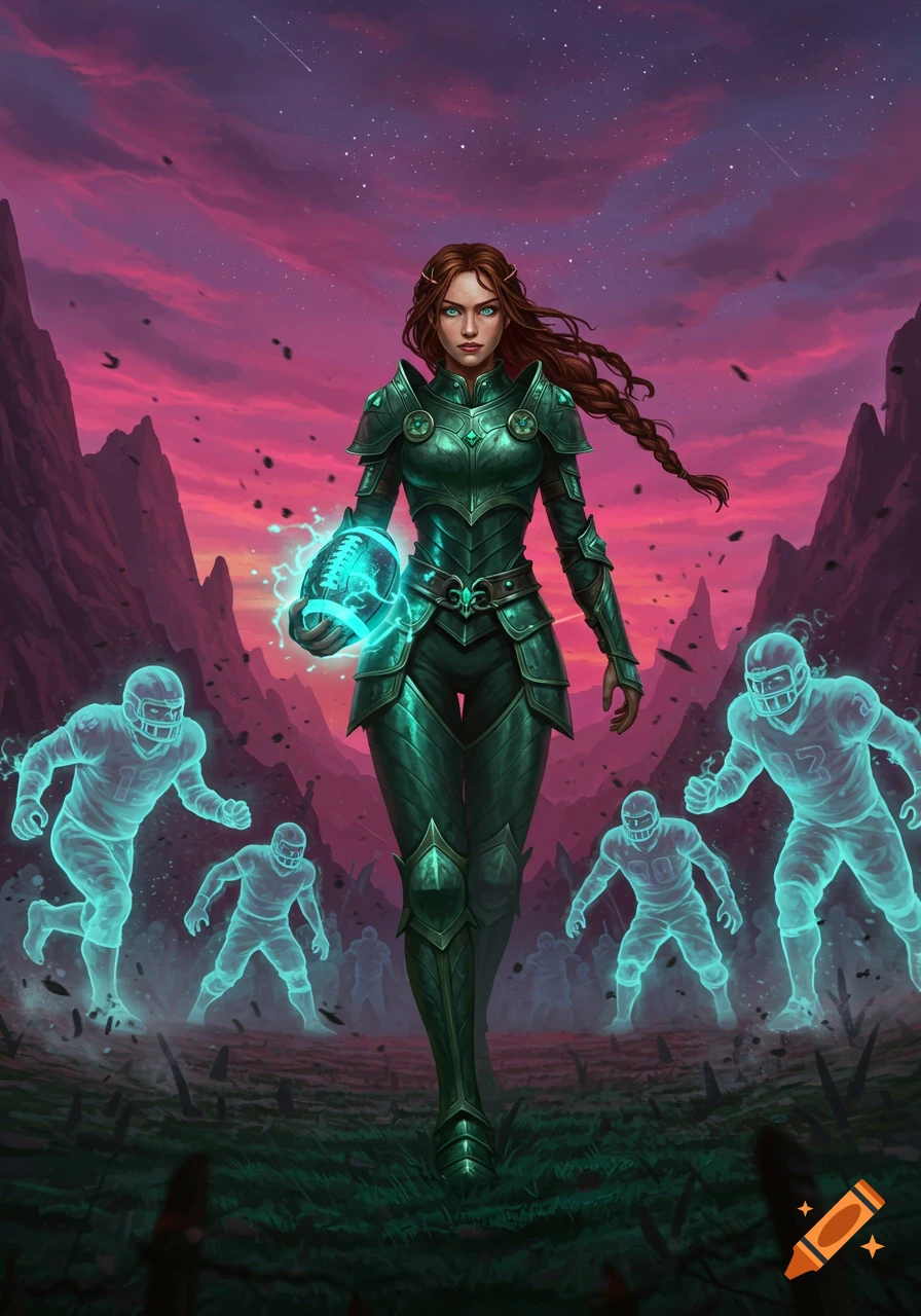 A female fantasy warrior in green armor holds a glowing football, surrounded by spectral football players under a dramatic pink and purple sky.