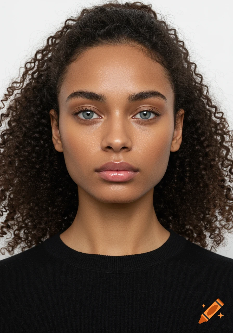 Shoulders-up fashion portrait of a biracial woman with curly dark hair, grey eyes, and natural skin, wearing a black top against a white background.