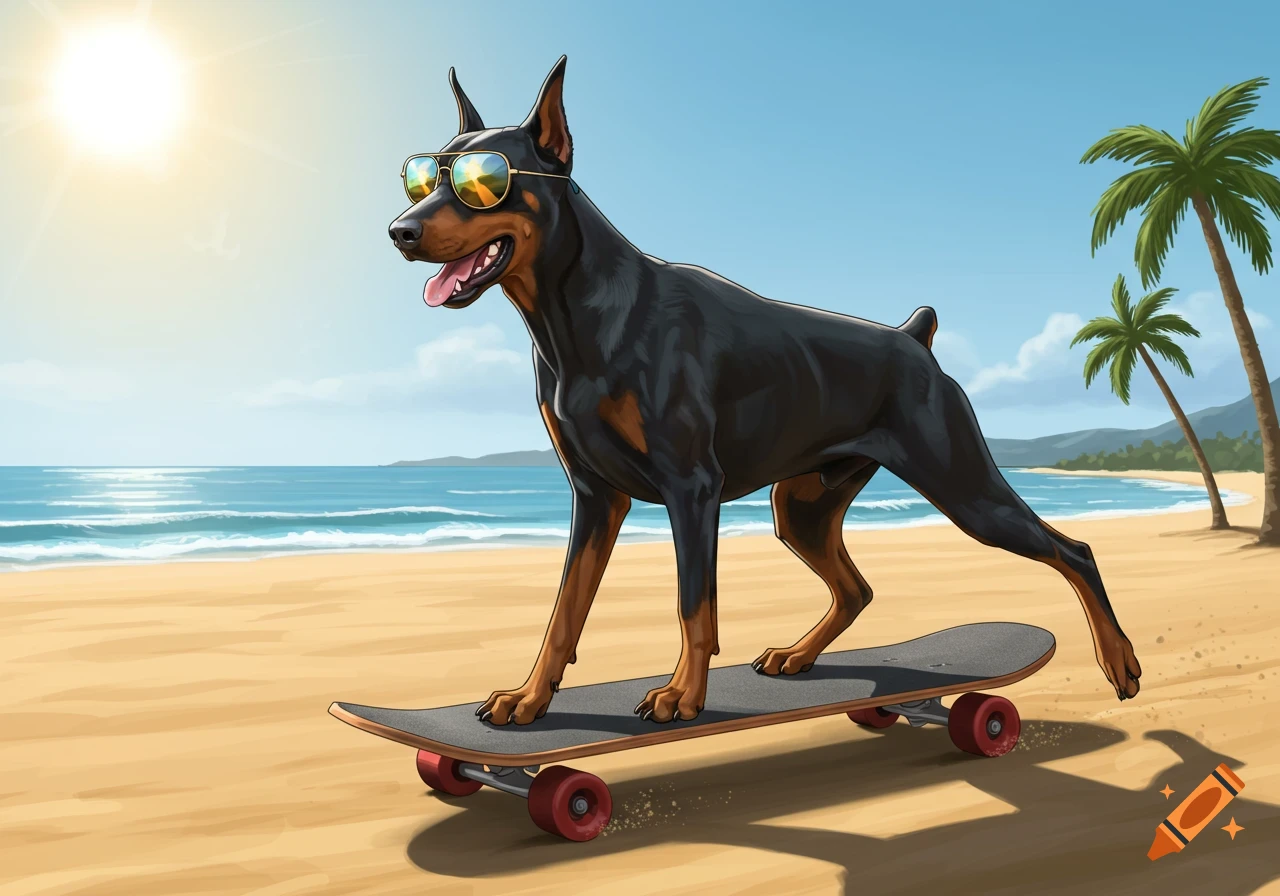 An illustrated Doberman dog wearing sunglasses skates on a skateboard at a sunny beach with palm trees and ocean waves.