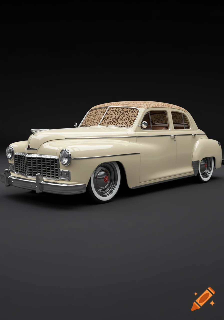 A cream 1947 Dodge Deluxe sedan with a tan lace pattern on the roof and windshield, lowered suspension, and whitewall tires, on a dark background.