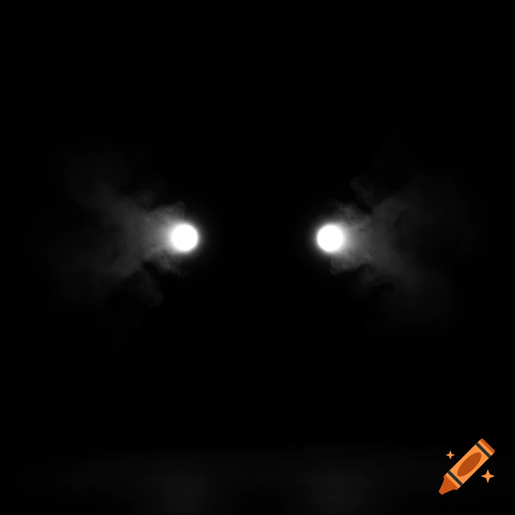 Two bright white glowing eyes emerge from a pitch-black background, surrounded by wisps of smoke.