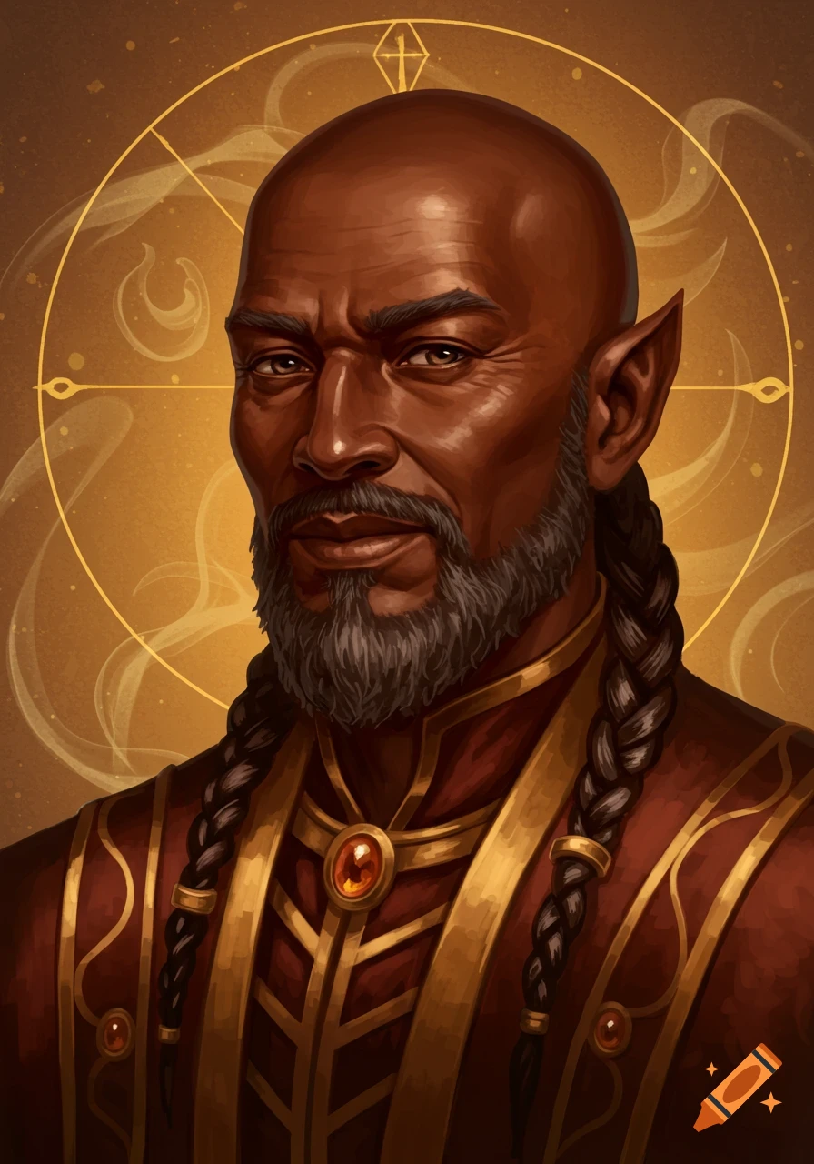 Digital art portrait of a bald, dark-skinned male tiefling with a beard, braided hair, and ornate red and gold robes.