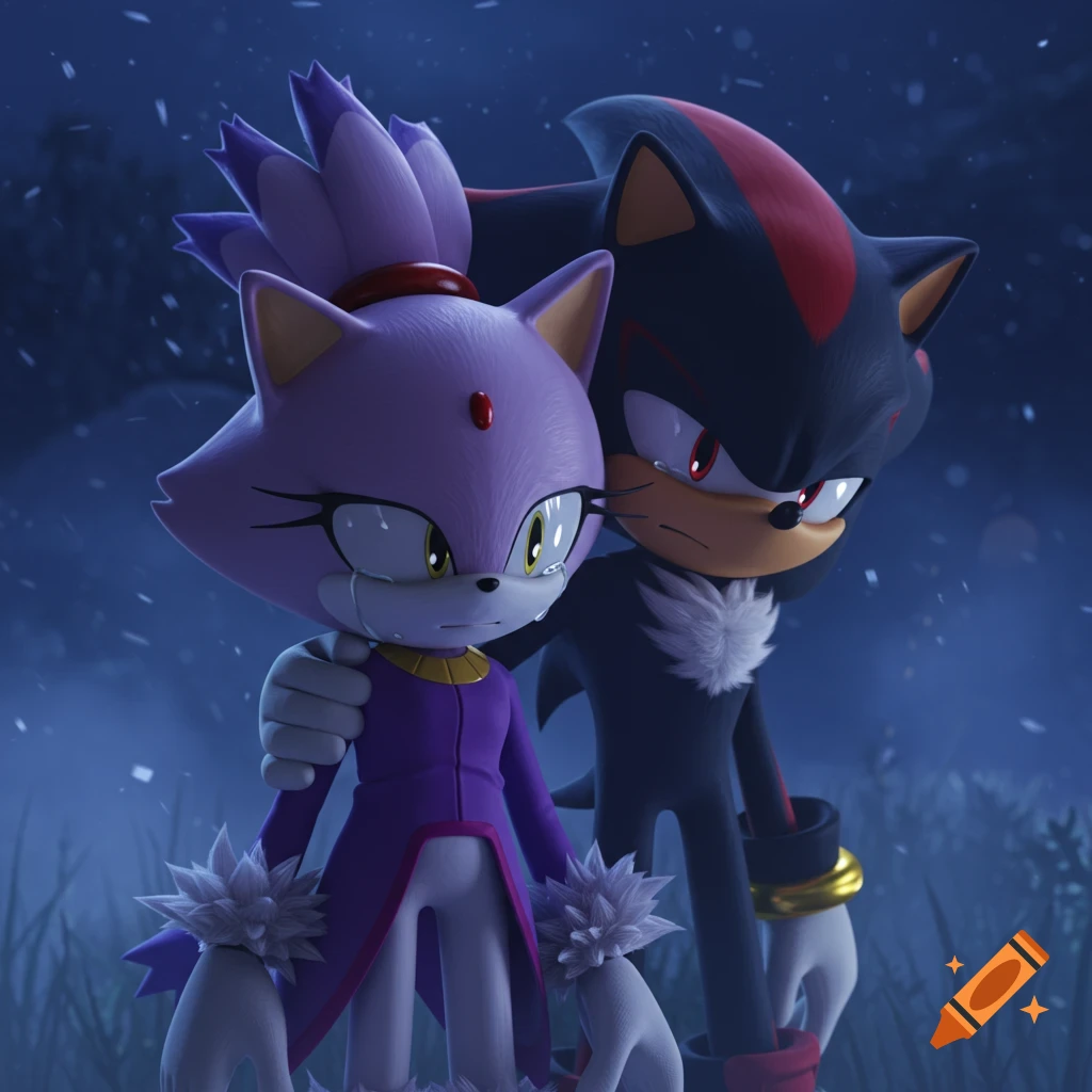 3D animated Blaze the Cat crying while Shadow the Hedgehog comforts her at night in the snow.
