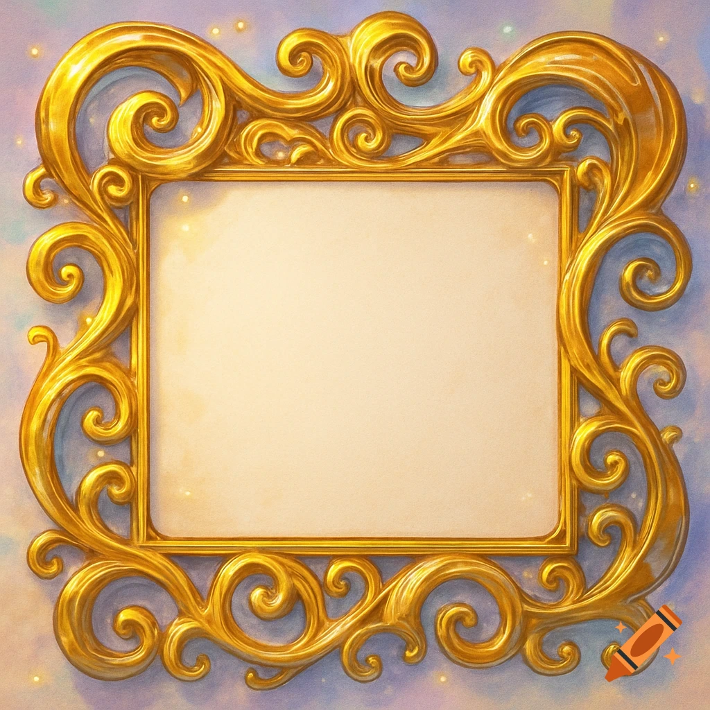 An ornate gold frame with swirling details on a soft, light-blue and pink background with sparkling lights, in an anime style.