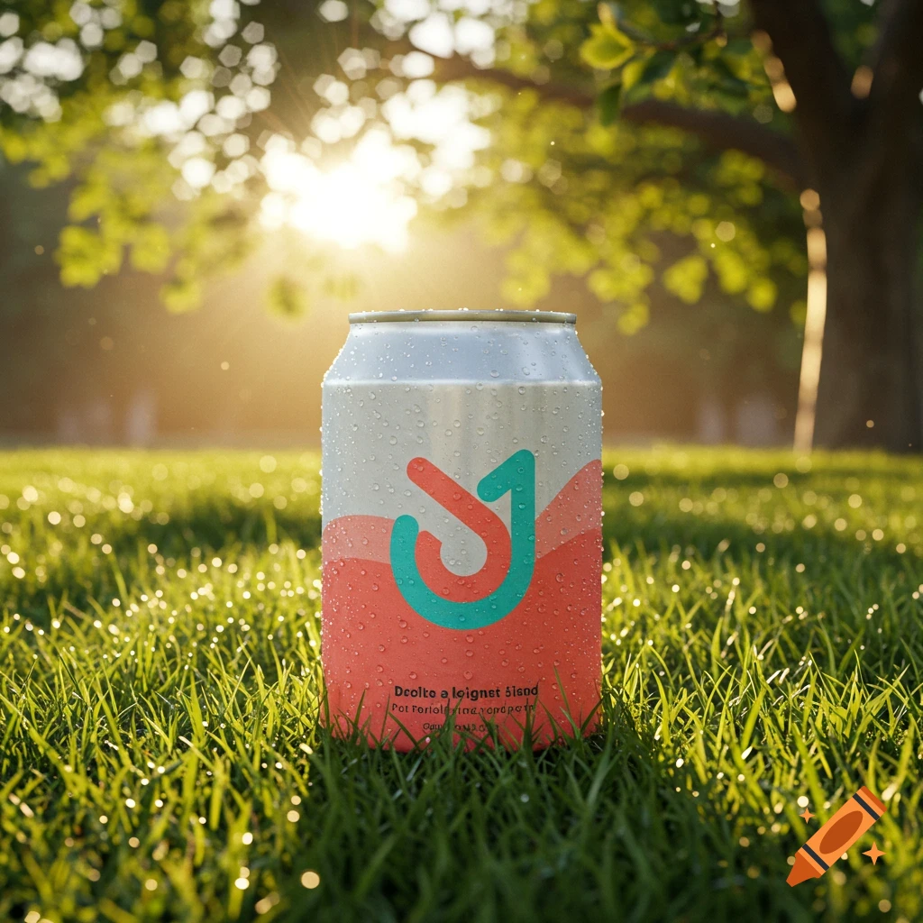 A cold beverage can with water droplets and a red and teal label sits in dewy green grass, bathed in warm sunlight filtering through trees.