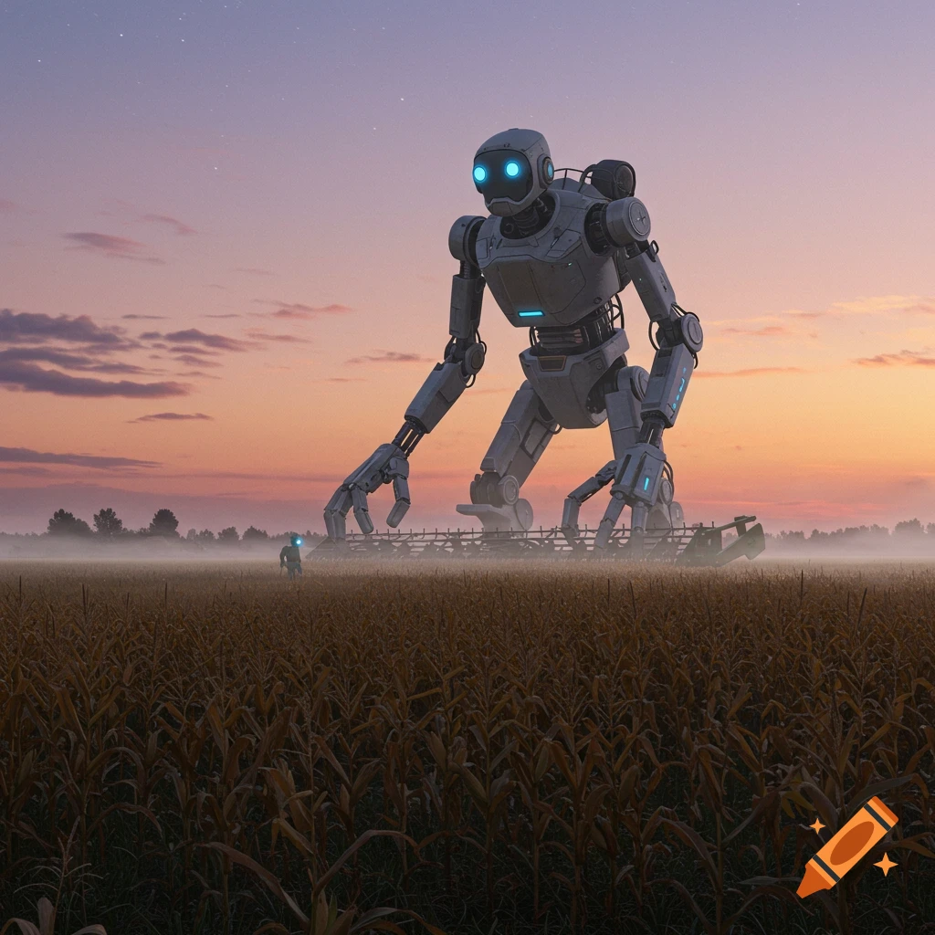 A large, detailed robot stands in a misty cornfield at sunset, with a smaller robot in the distance, in the style of Simon Stalenhag.