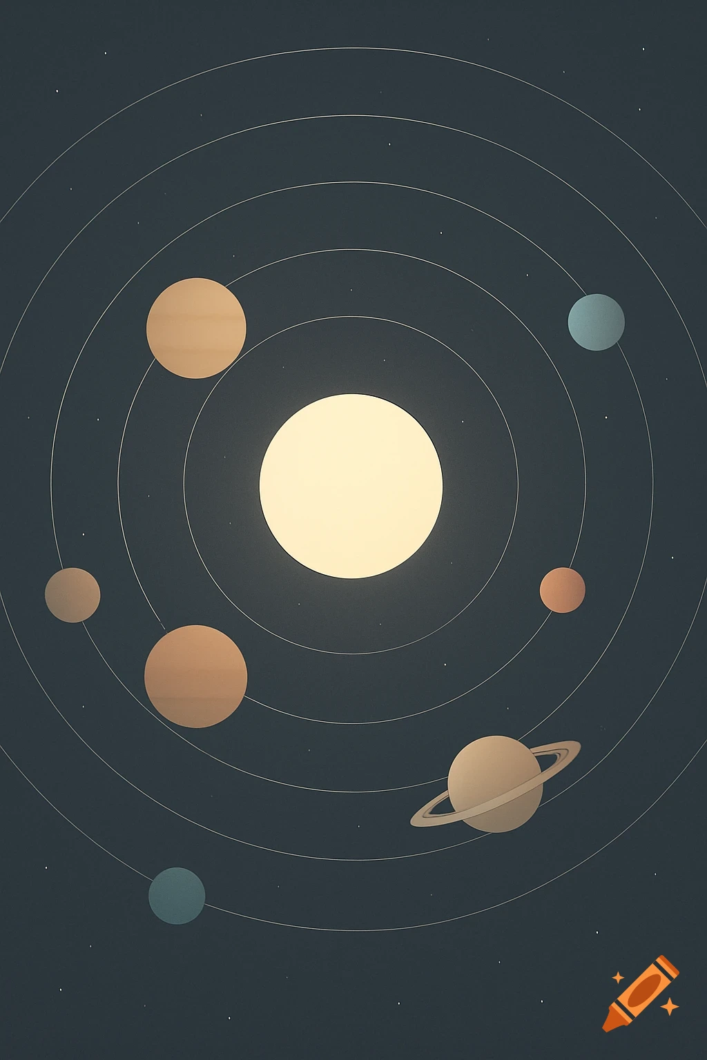 A minimalist diagram of a solar system with a central sun, orbiting planets, and celestial bodies on a dark background.