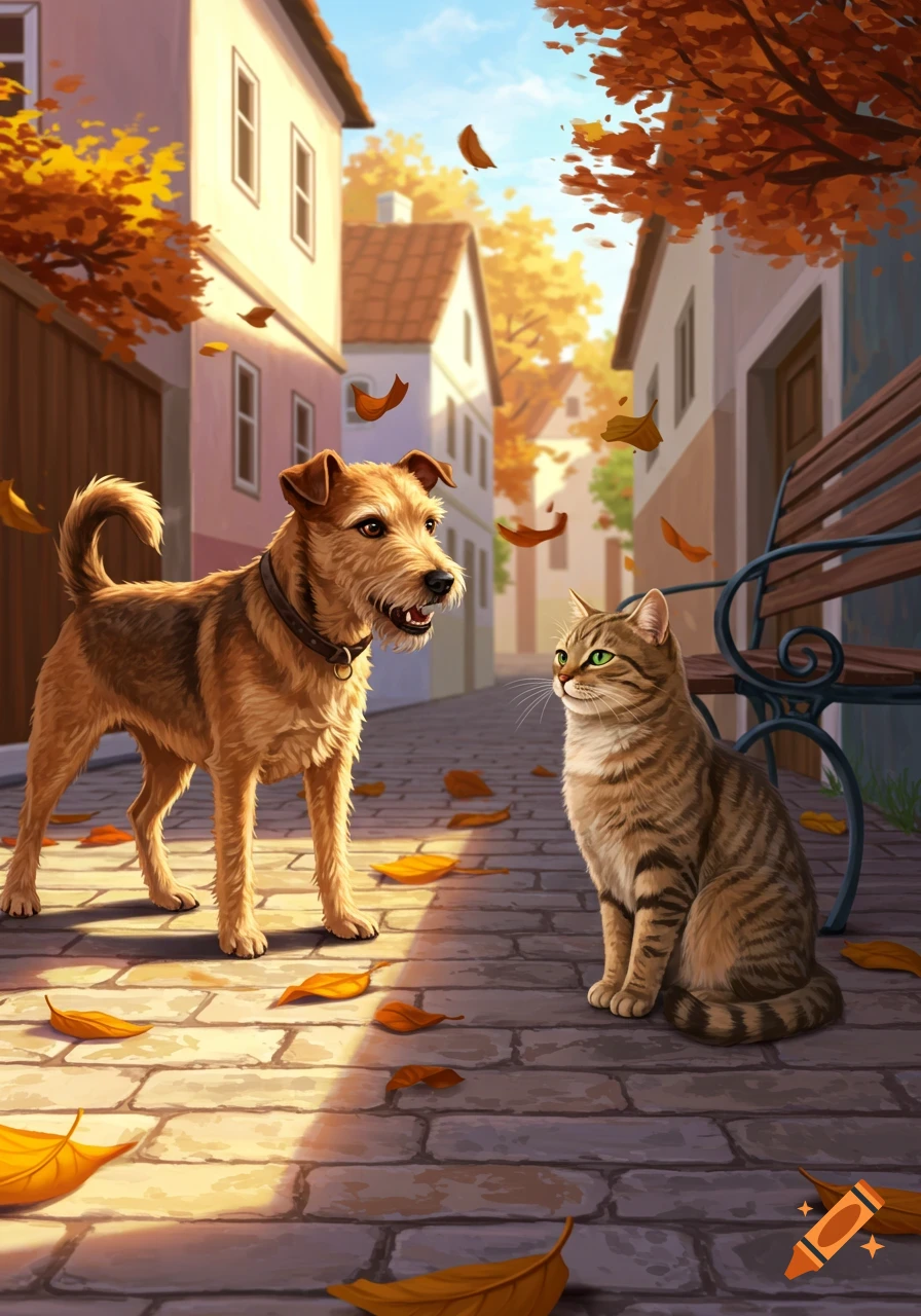 An illustrated scene of a dog barking at a cat on an autumn street, with fallen leaves and buildings in the background.