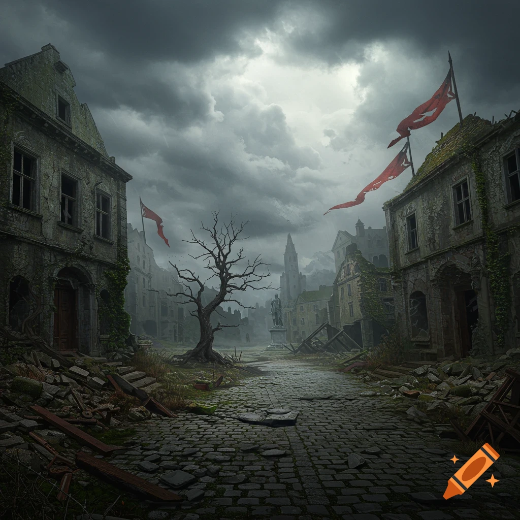 A desolate, ruined town under a stormy sky, with crumbling buildings, debris, a bare tree, and red tattered flags.
