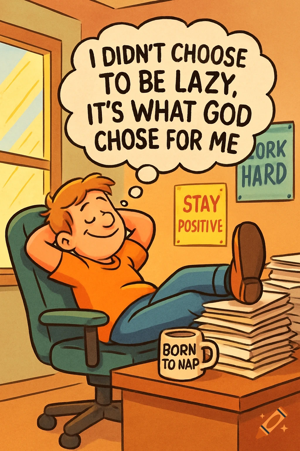A cartoon man reclines in an office chair with feet on papers, dreaming. His thought bubble reads: 'I DIDN'T CHOOSE TO BE LAZY, IT'S WHAT GOD CHOSE FOR ME'. A mug on the desk says 'BORN TO NAP'.