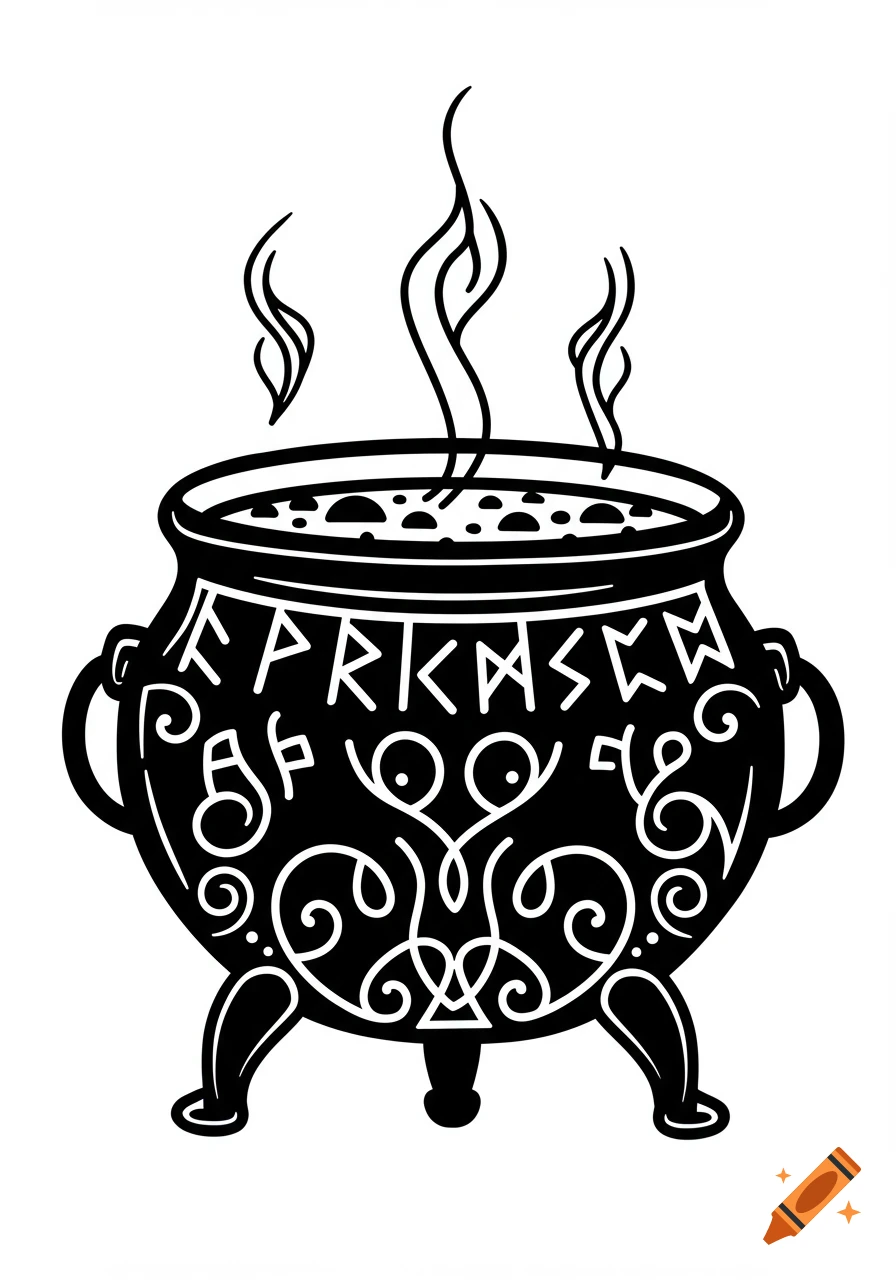 Black and white illustration of a steaming cauldron with decorative runic symbols.