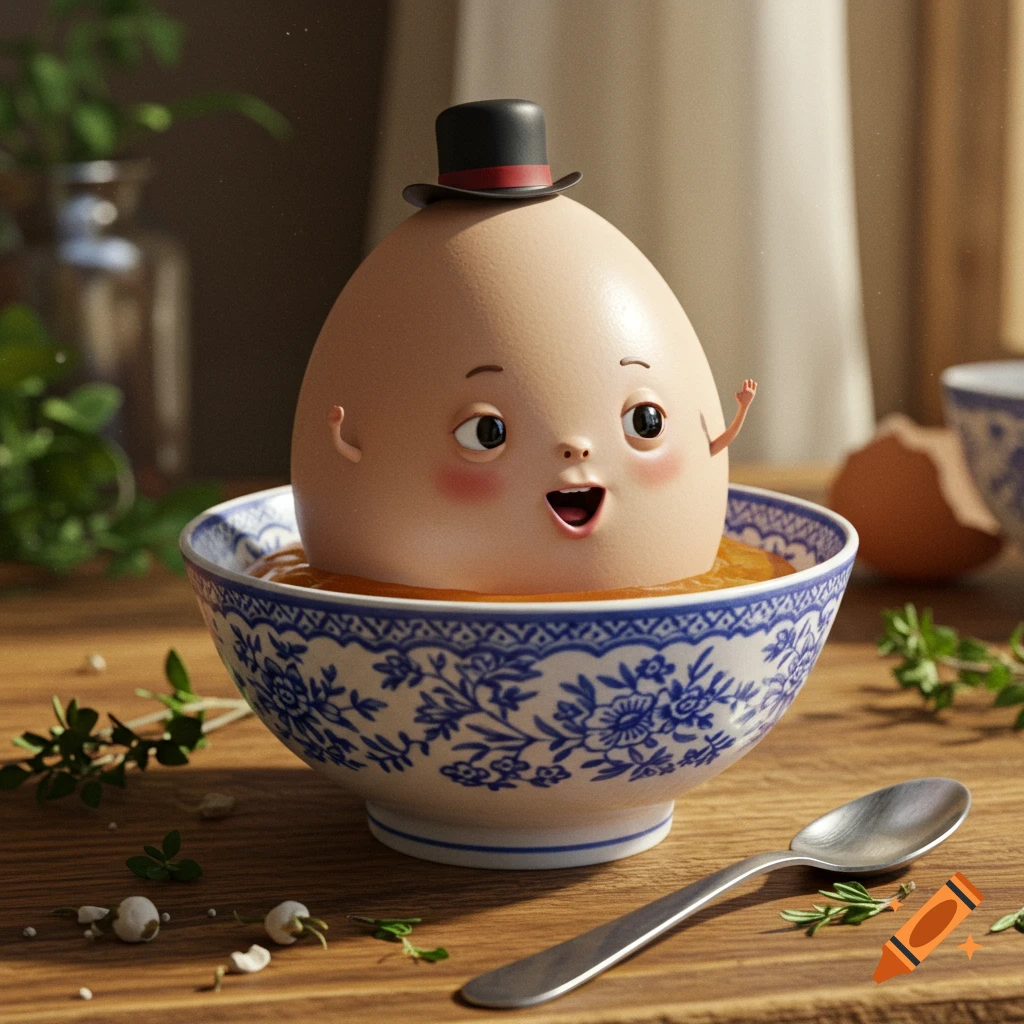A cute, animated egg character wearing a top hat sits in a patterned bowl on a wooden table, waving.