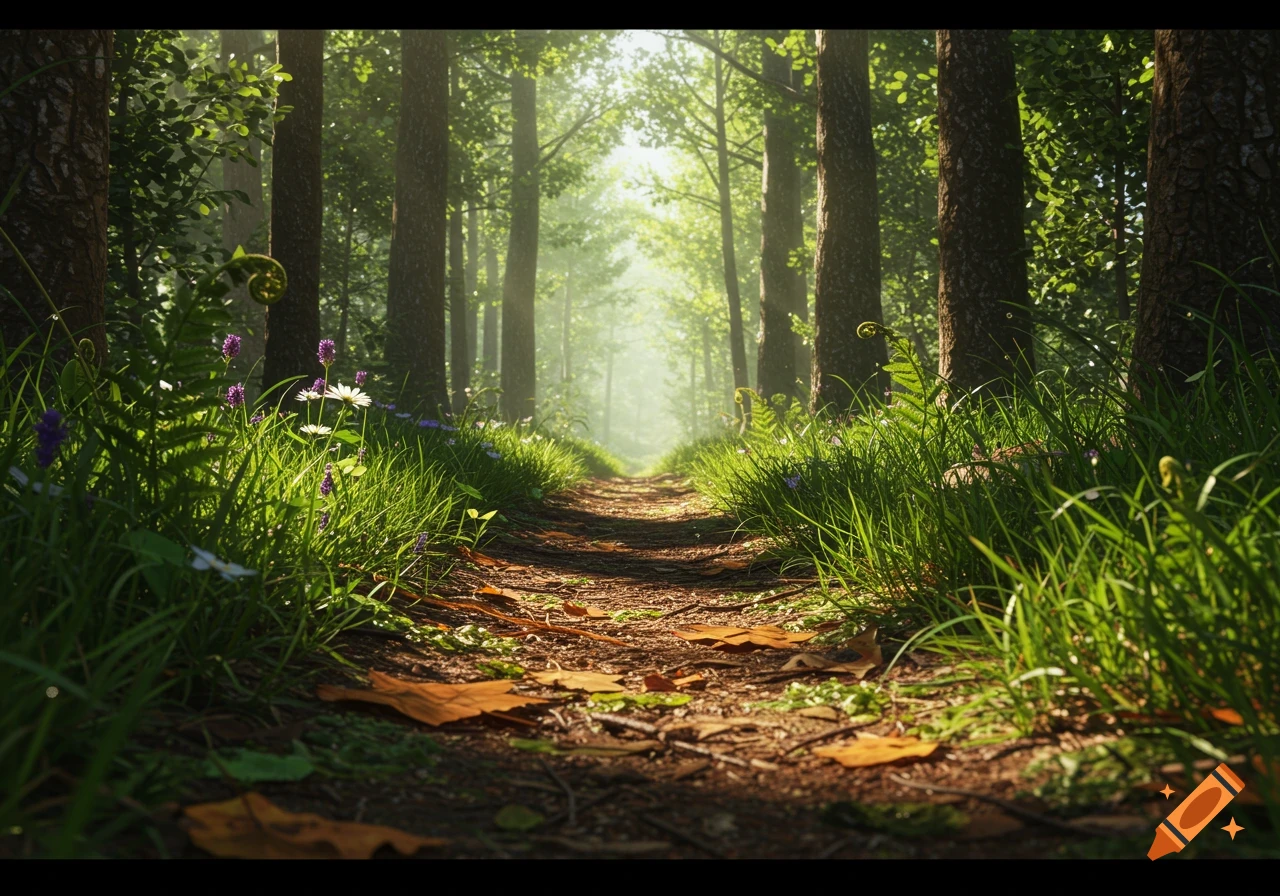 A low-angle, photorealistic view of a dirt path winding through a lush green forest, with dappled sunlight filtering through the trees.