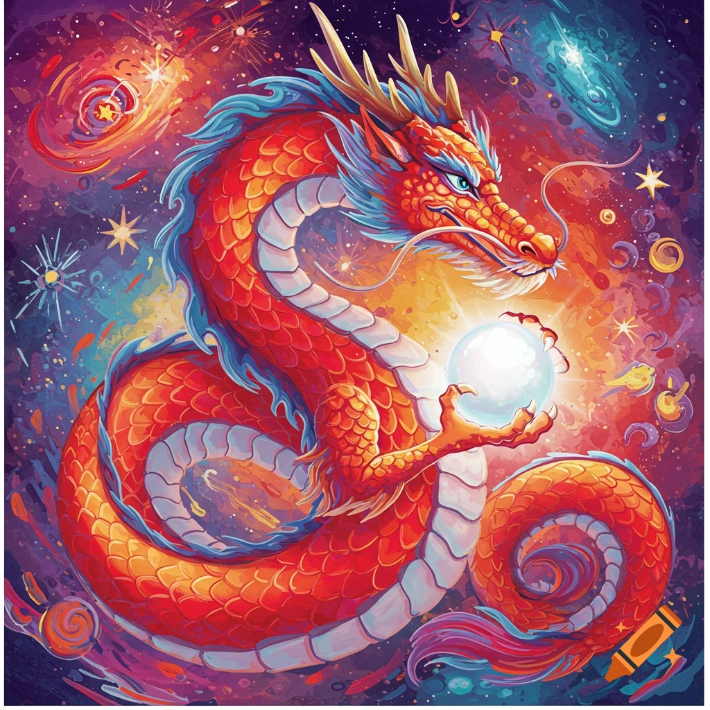 A vibrant red and orange dragon with blue accents coils in a colorful cosmic background, holding a glowing pearl in a stylized art style.