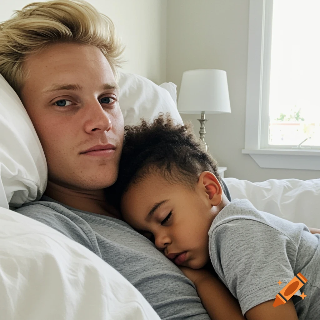 A blonde-haired man lies in bed with a child sleeping peacefully on his chest.