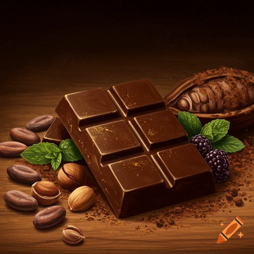 Photorealistic image of a chocolate bar surrounded by cocoa beans, nuts, mint leaves, and blackberries on a wooden table.